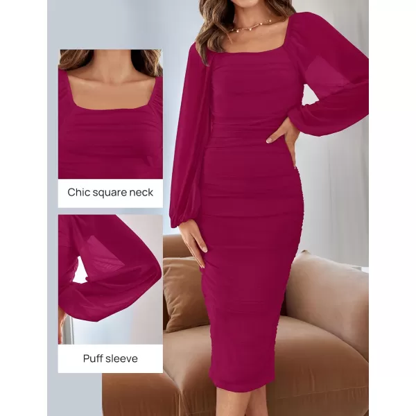 imageZESICA Womens 2024 Sexy Ruched Bodycon Midi Dress Long Puff Sleeve Square Neck Backless Cocktail Party Wedding DressesPlum
