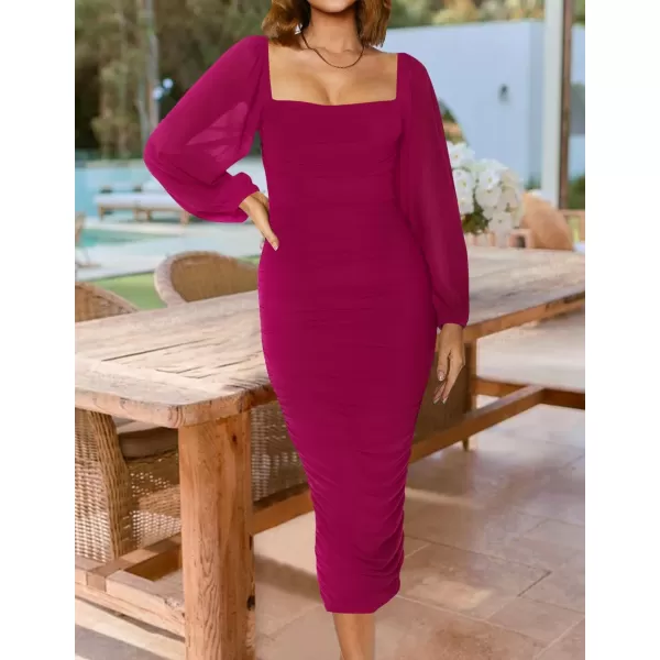 imageZESICA Womens 2024 Sexy Ruched Bodycon Midi Dress Long Puff Sleeve Square Neck Backless Cocktail Party Wedding DressesPlum