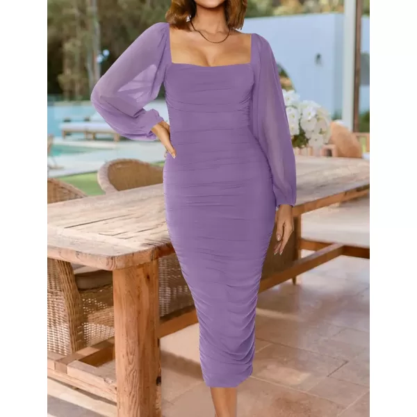 imageZESICA Womens 2024 Sexy Ruched Bodycon Midi Dress Long Puff Sleeve Square Neck Backless Cocktail Party Wedding DressesPurple