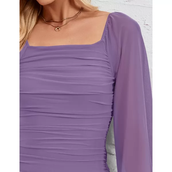 imageZESICA Womens 2024 Sexy Ruched Bodycon Midi Dress Long Puff Sleeve Square Neck Backless Cocktail Party Wedding DressesPurple