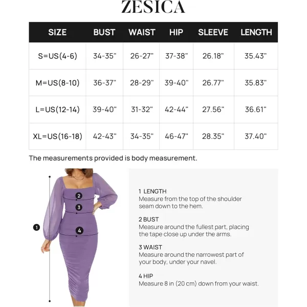 imageZESICA Womens 2024 Sexy Ruched Bodycon Midi Dress Long Puff Sleeve Square Neck Backless Cocktail Party Wedding DressesPurple