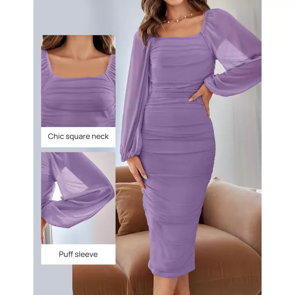 imageZESICA Womens 2024 Sexy Ruched Bodycon Midi Dress Long Puff Sleeve Square Neck Backless Cocktail Party Wedding DressesPurple