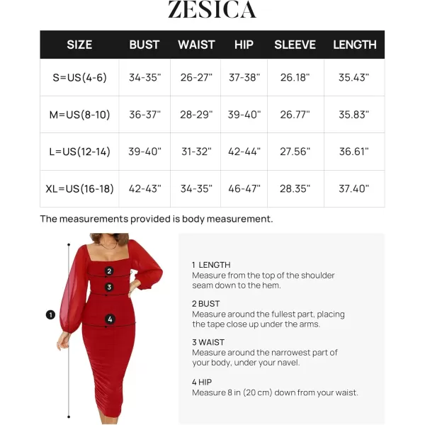 imageZESICA Womens 2024 Sexy Ruched Bodycon Midi Dress Long Puff Sleeve Square Neck Backless Cocktail Party Wedding DressesRed