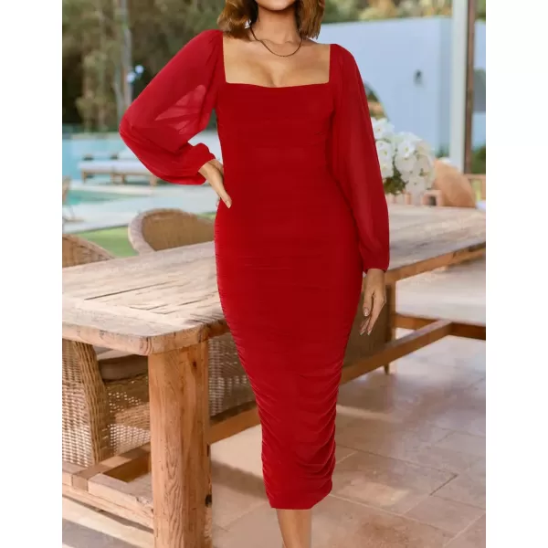 imageZESICA Womens 2024 Sexy Ruched Bodycon Midi Dress Long Puff Sleeve Square Neck Backless Cocktail Party Wedding DressesRed