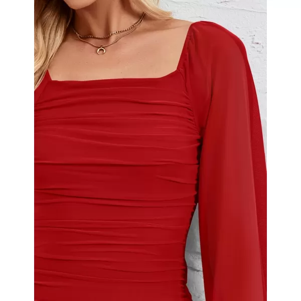 imageZESICA Womens 2024 Sexy Ruched Bodycon Midi Dress Long Puff Sleeve Square Neck Backless Cocktail Party Wedding DressesRed