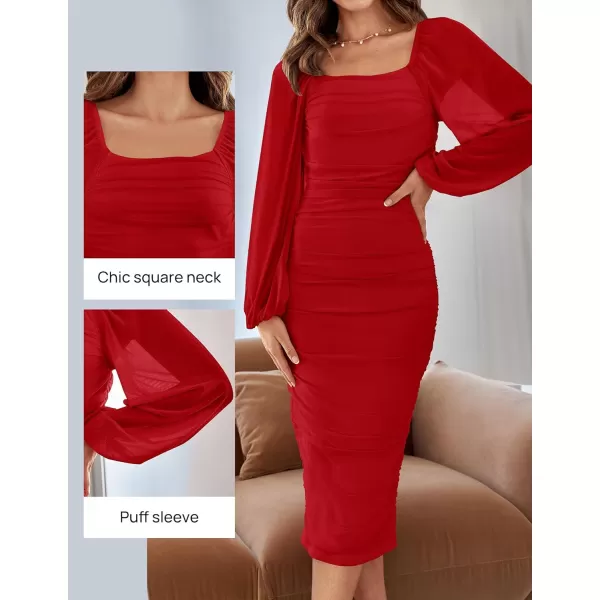 imageZESICA Womens 2024 Sexy Ruched Bodycon Midi Dress Long Puff Sleeve Square Neck Backless Cocktail Party Wedding DressesRed