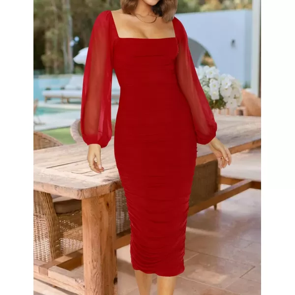 imageZESICA Womens 2024 Sexy Ruched Bodycon Midi Dress Long Puff Sleeve Square Neck Backless Cocktail Party Wedding DressesRed