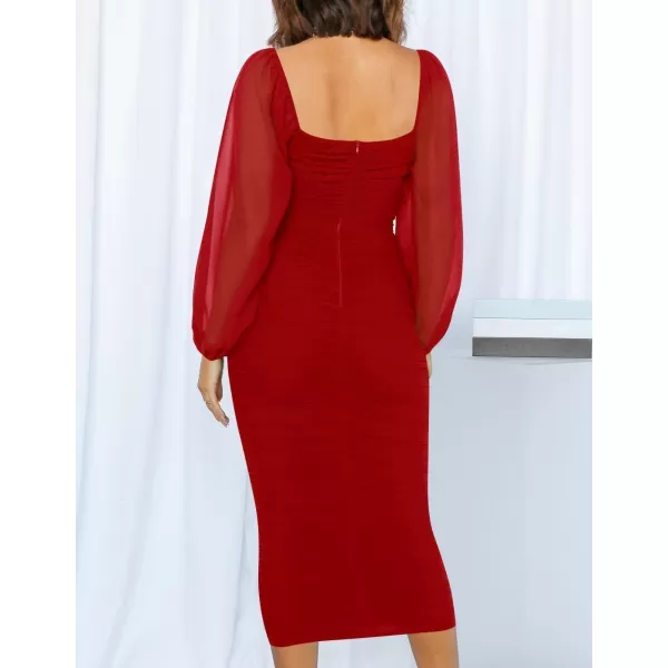 imageZESICA Womens 2024 Sexy Ruched Bodycon Midi Dress Long Puff Sleeve Square Neck Backless Cocktail Party Wedding DressesRed
