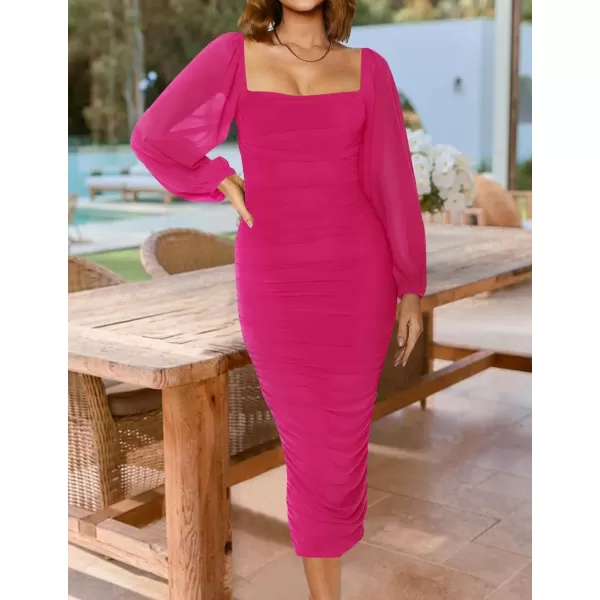 imageZESICA Womens 2024 Sexy Ruched Bodycon Midi Dress Long Puff Sleeve Square Neck Backless Cocktail Party Wedding DressesRose