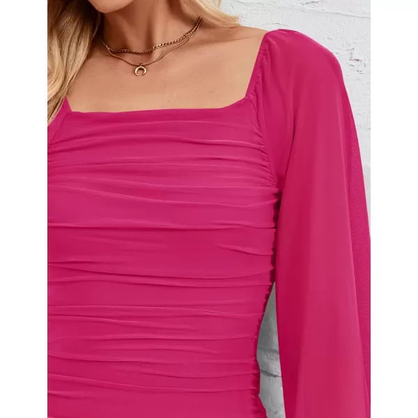 imageZESICA Womens 2024 Sexy Ruched Bodycon Midi Dress Long Puff Sleeve Square Neck Backless Cocktail Party Wedding DressesRose