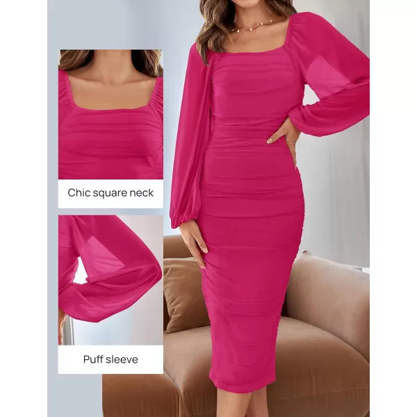 imageZESICA Womens 2024 Sexy Ruched Bodycon Midi Dress Long Puff Sleeve Square Neck Backless Cocktail Party Wedding DressesRose