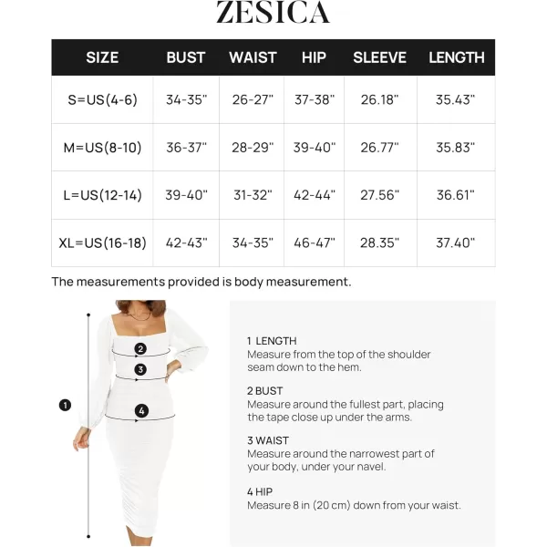 imageZESICA Womens 2024 Sexy Ruched Bodycon Midi Dress Long Puff Sleeve Square Neck Backless Cocktail Party Wedding DressesWhite
