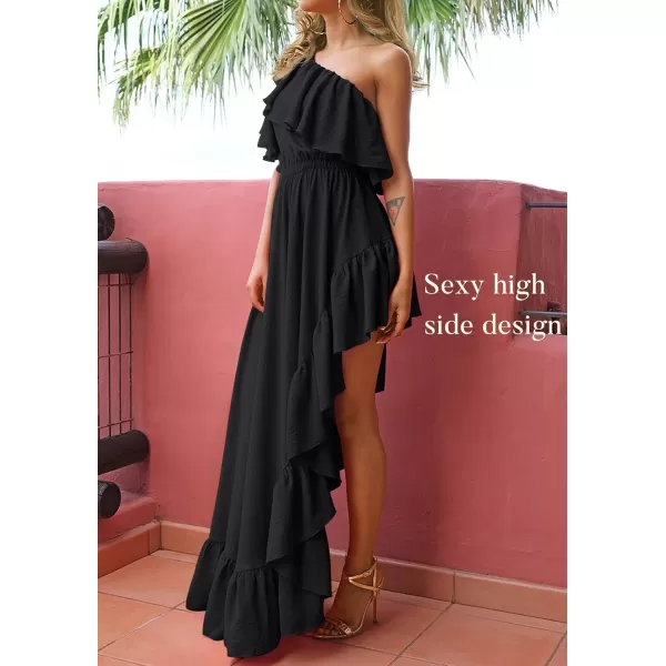 imageZESICA Womens 2024 Summer Boho One Shoulder Sleeveless Ruffle Asymmetrical High Low Flowy Prom Gown Wedding Long DressBlack