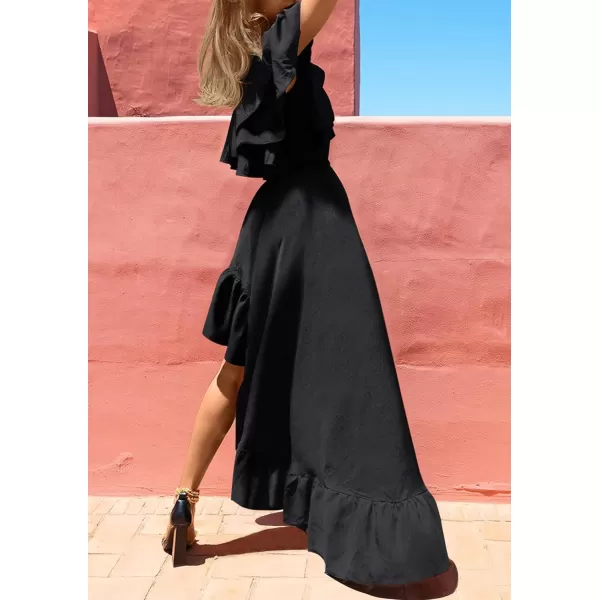 imageZESICA Womens 2024 Summer Boho One Shoulder Sleeveless Ruffle Asymmetrical High Low Flowy Prom Gown Wedding Long DressBlack