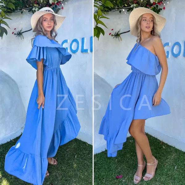 imageZESICA Womens 2024 Summer Boho One Shoulder Sleeveless Ruffle Asymmetrical High Low Flowy Prom Gown Wedding Long DressDustyblue