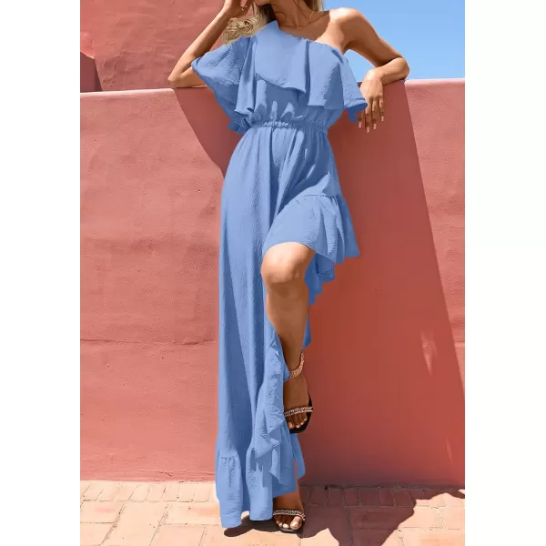 imageZESICA Womens 2024 Summer Boho One Shoulder Sleeveless Ruffle Asymmetrical High Low Flowy Prom Gown Wedding Long DressDustyblue