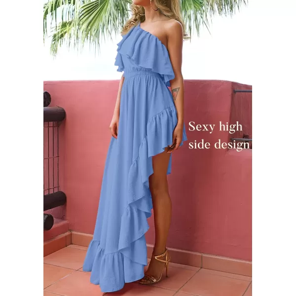 imageZESICA Womens 2024 Summer Boho One Shoulder Sleeveless Ruffle Asymmetrical High Low Flowy Prom Gown Wedding Long DressDustyblue