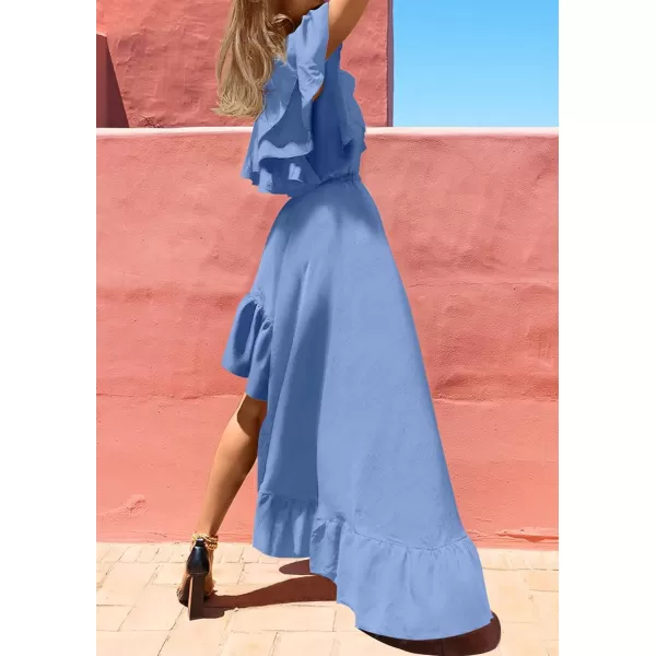 imageZESICA Womens 2024 Summer Boho One Shoulder Sleeveless Ruffle Asymmetrical High Low Flowy Prom Gown Wedding Long DressDustyblue