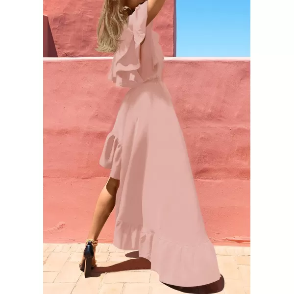 imageZESICA Womens 2024 Summer Boho One Shoulder Sleeveless Ruffle Asymmetrical High Low Flowy Prom Gown Wedding Long DressPink