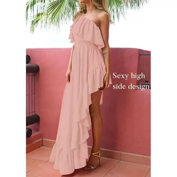 imageZESICA Womens 2024 Summer Boho One Shoulder Sleeveless Ruffle Asymmetrical High Low Flowy Prom Gown Wedding Long DressPink