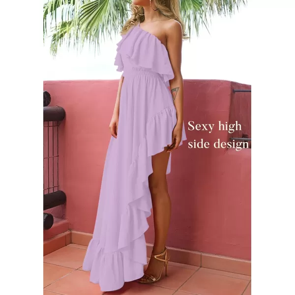 imageZESICA Womens 2024 Summer Boho One Shoulder Sleeveless Ruffle Asymmetrical High Low Flowy Prom Gown Wedding Long DressPurple