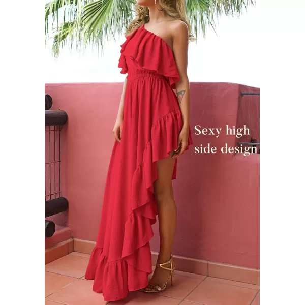 imageZESICA Womens 2024 Summer Boho One Shoulder Sleeveless Ruffle Asymmetrical High Low Flowy Prom Gown Wedding Long DressRed