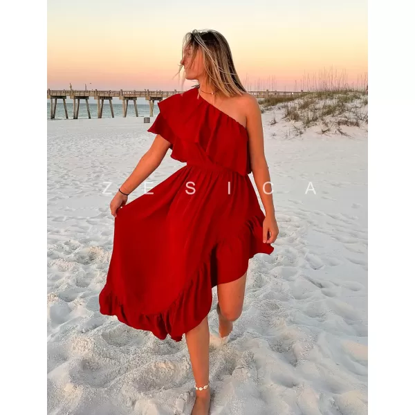 imageZESICA Womens 2024 Summer Boho One Shoulder Sleeveless Ruffle Asymmetrical High Low Flowy Prom Gown Wedding Long DressRed