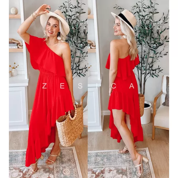 imageZESICA Womens 2024 Summer Boho One Shoulder Sleeveless Ruffle Asymmetrical High Low Flowy Prom Gown Wedding Long DressRed