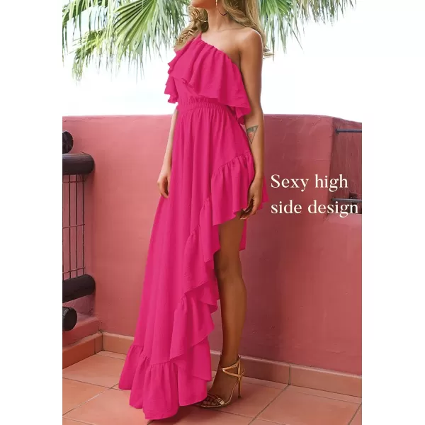 imageZESICA Womens 2024 Summer Boho One Shoulder Sleeveless Ruffle Asymmetrical High Low Flowy Prom Gown Wedding Long DressRose