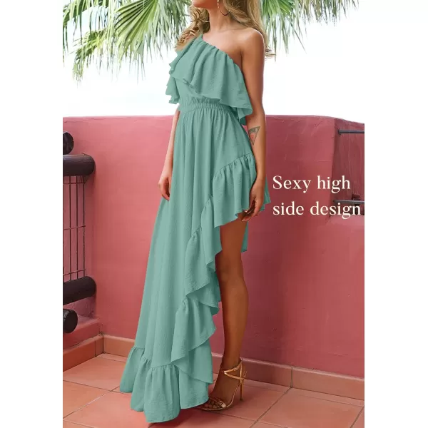 imageZESICA Womens 2024 Summer Boho One Shoulder Sleeveless Ruffle Asymmetrical High Low Flowy Prom Gown Wedding Long DressSage