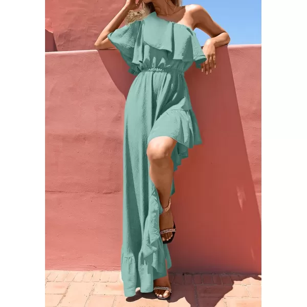 imageZESICA Womens 2024 Summer Boho One Shoulder Sleeveless Ruffle Asymmetrical High Low Flowy Prom Gown Wedding Long DressSage