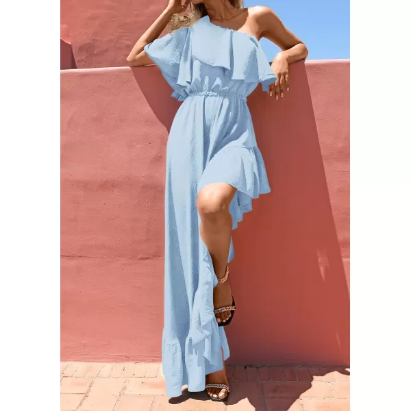 imageZESICA Womens 2024 Summer Boho One Shoulder Sleeveless Ruffle Asymmetrical High Low Flowy Prom Gown Wedding Long DressSkyblue