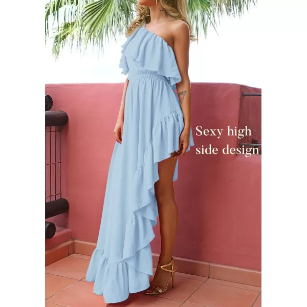 imageZESICA Womens 2024 Summer Boho One Shoulder Sleeveless Ruffle Asymmetrical High Low Flowy Prom Gown Wedding Long DressSkyblue