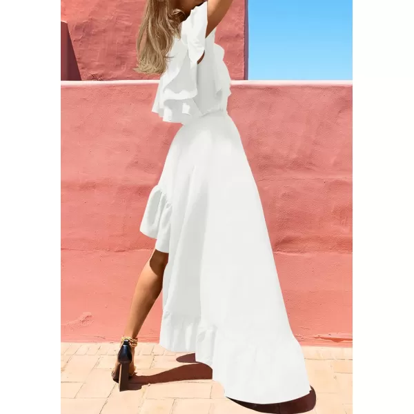imageZESICA Womens 2024 Summer Boho One Shoulder Sleeveless Ruffle Asymmetrical High Low Flowy Prom Gown Wedding Long DressWhite