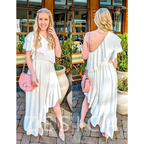 imageZESICA Womens 2024 Summer Boho One Shoulder Sleeveless Ruffle Asymmetrical High Low Flowy Prom Gown Wedding Long DressWhite