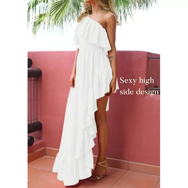 imageZESICA Womens 2024 Summer Boho One Shoulder Sleeveless Ruffle Asymmetrical High Low Flowy Prom Gown Wedding Long DressWhite