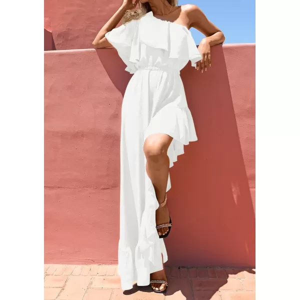 imageZESICA Womens 2024 Summer Boho One Shoulder Sleeveless Ruffle Asymmetrical High Low Flowy Prom Gown Wedding Long DressWhite