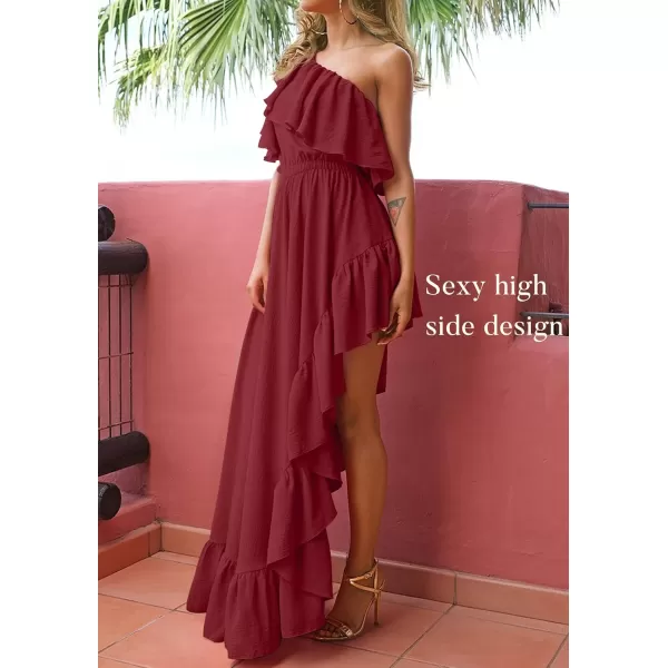 imageZESICA Womens 2024 Summer Boho One Shoulder Sleeveless Ruffle Asymmetrical High Low Flowy Prom Gown Wedding Long DressWine