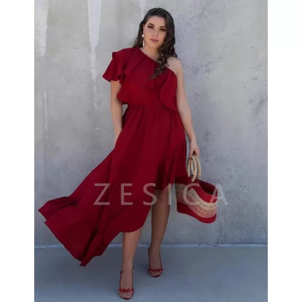 imageZESICA Womens 2024 Summer Boho One Shoulder Sleeveless Ruffle Asymmetrical High Low Flowy Prom Gown Wedding Long DressWine