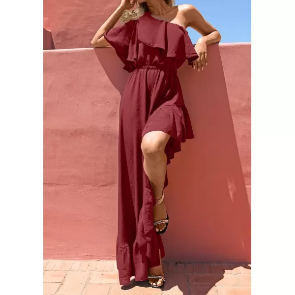 imageZESICA Womens 2024 Summer Boho One Shoulder Sleeveless Ruffle Asymmetrical High Low Flowy Prom Gown Wedding Long DressWine