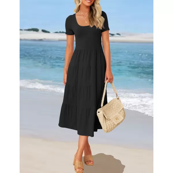 imageZESICA Womens 2024 Summer Casual T Shirt Dress Short Sleeve Scoop Neck Flowy Tiered Beach Midi Dresses with PocketsDarkblack