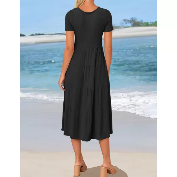 imageZESICA Womens 2024 Summer Casual T Shirt Dress Short Sleeve Scoop Neck Flowy Tiered Beach Midi Dresses with PocketsDarkblack