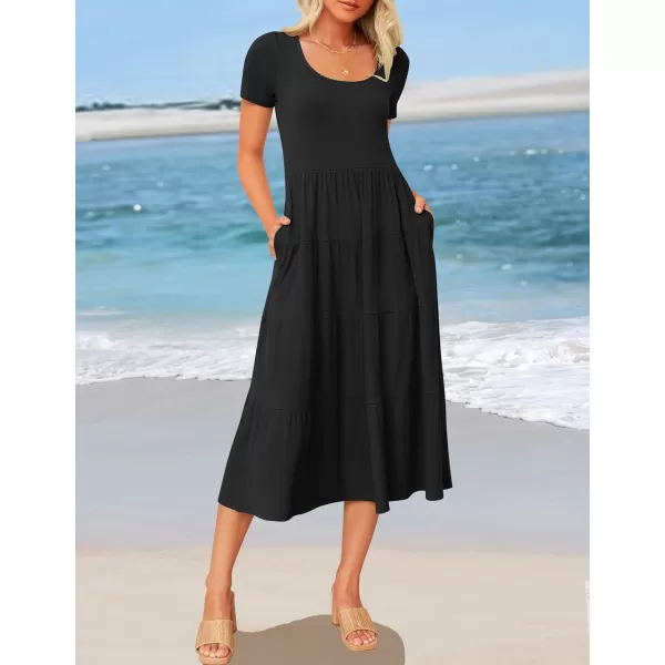 imageZESICA Womens 2024 Summer Casual T Shirt Dress Short Sleeve Scoop Neck Flowy Tiered Beach Midi Dresses with PocketsDarkblack