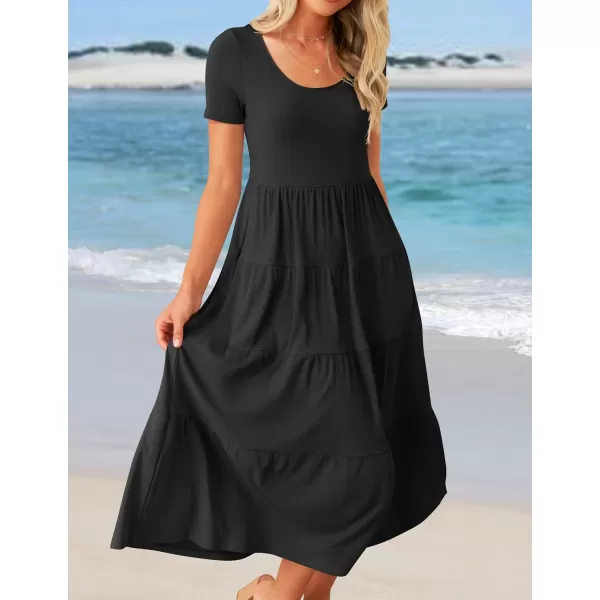 imageZESICA Womens 2024 Summer Casual T Shirt Dress Short Sleeve Scoop Neck Flowy Tiered Beach Midi Dresses with PocketsDarkblack