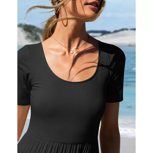 imageZESICA Womens 2024 Summer Casual T Shirt Dress Short Sleeve Scoop Neck Flowy Tiered Beach Midi Dresses with PocketsDarkblack