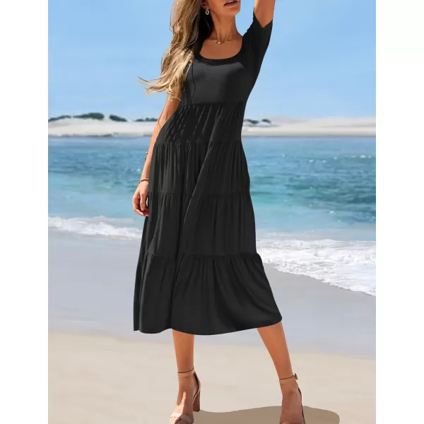 imageZESICA Womens 2024 Summer Casual T Shirt Dress Short Sleeve Scoop Neck Flowy Tiered Beach Midi Dresses with PocketsDarkblack