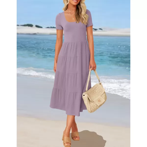 imageZESICA Womens 2024 Summer Casual T Shirt Dress Short Sleeve Scoop Neck Flowy Tiered Beach Midi Dresses with PocketsLilac
