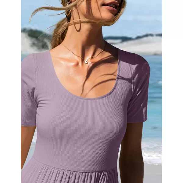 imageZESICA Womens 2024 Summer Casual T Shirt Dress Short Sleeve Scoop Neck Flowy Tiered Beach Midi Dresses with PocketsLilac