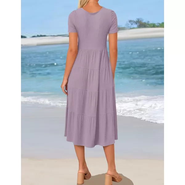 imageZESICA Womens 2024 Summer Casual T Shirt Dress Short Sleeve Scoop Neck Flowy Tiered Beach Midi Dresses with PocketsLilac