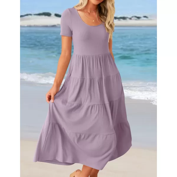 imageZESICA Womens 2024 Summer Casual T Shirt Dress Short Sleeve Scoop Neck Flowy Tiered Beach Midi Dresses with PocketsLilac